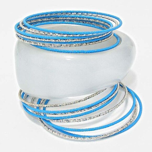 16 Layered Blue & Silver Stackable Bangle Bracelet Set - Picture 2 of 6